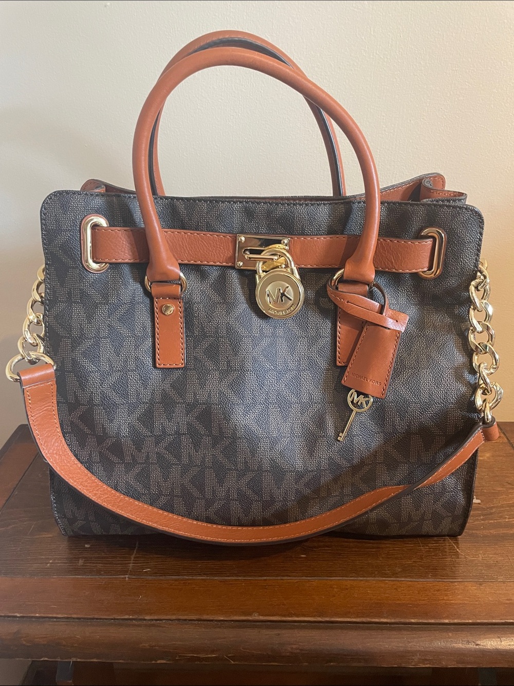 Michael Kors Brown & Luggage Logo Satchel with Gold Hardware